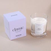 Amaraa Classic soy wax candle Misty Garden with box on beige background